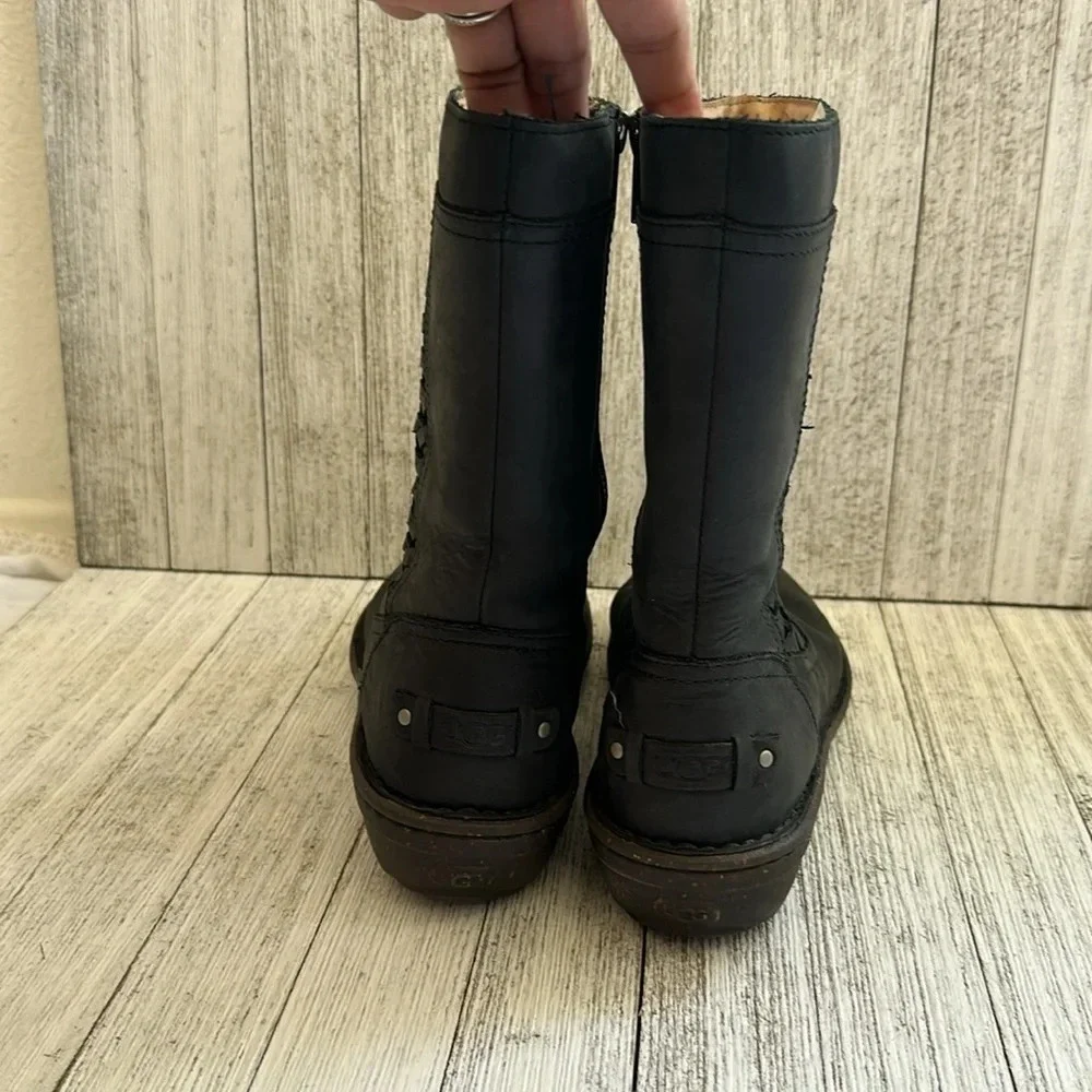 UGG Black Leather Mid Calf Wool Lined Side Zip Braid Detail Kaleen Boots